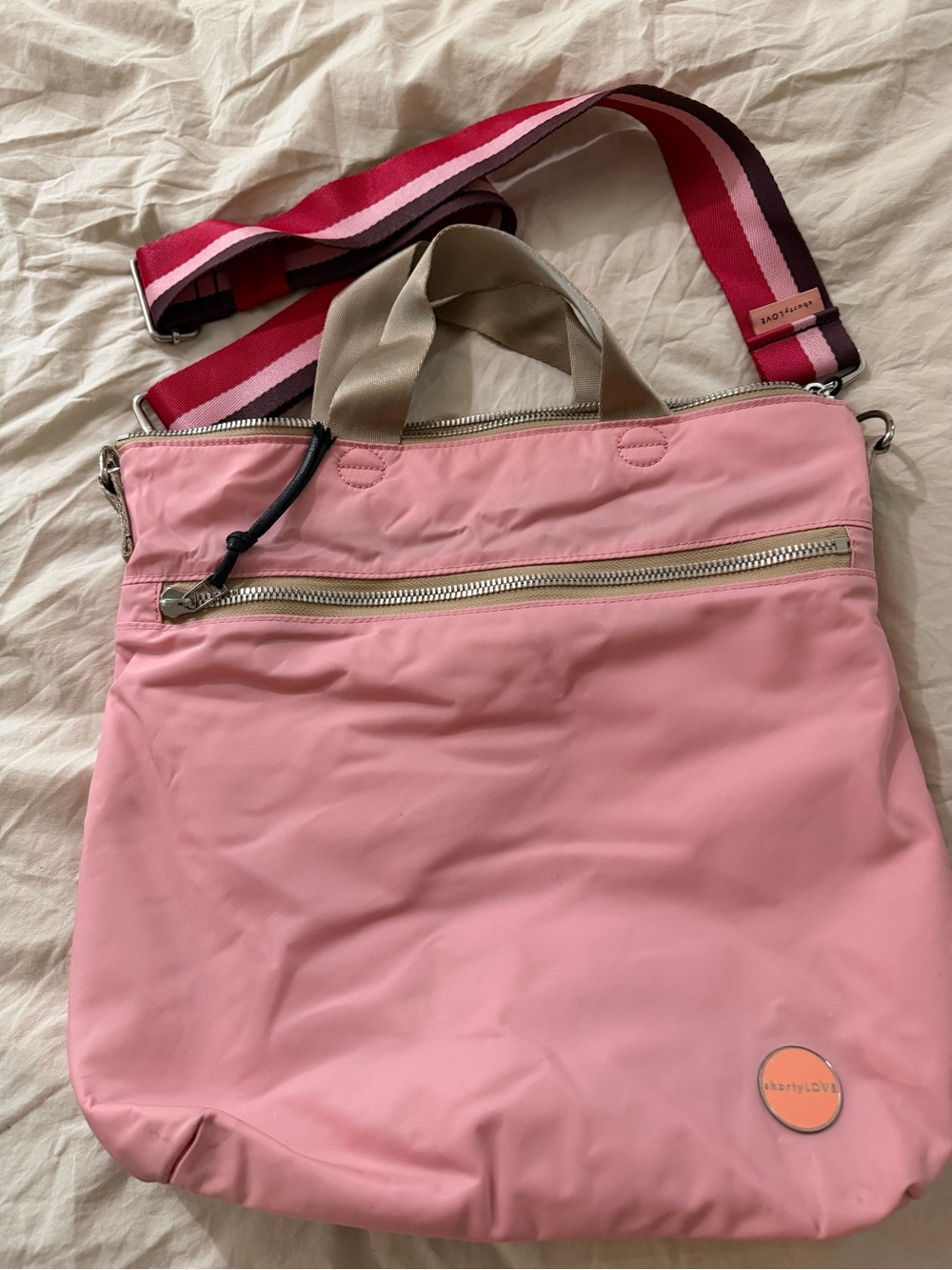 ShortyLove Pink Nylon Tote with Striped Shoulder Strap